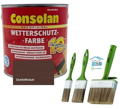 zbs24 Consolan Wetterschutzfarbe hockdeckende Holzfarbe für Aussen, inkl. 3 teiligen Pinselset zur einfachen Verarbeitung der Holzfarbe (dunkelbraun, 2,5 Liter)