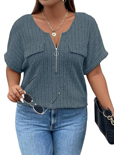 Gemulate Womens Tops Plus Size Blue Short Sleeve Tunic Fashion Clothes V Neck Zipper Plus Size Ladies Tops Casual Summer Spring Clothes Oversized T Shirts Light Blue XX-Large