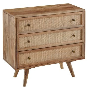 KADIMA DESIGN Sideboard 80x75x40 cm Mango Massivholz/Rattan Vintage Anrichte | Kommode 3 Schubladen | Hoher Kommodenschrank Holz Massiv | Standschrank Wohnzimmer Rohrgeflecht