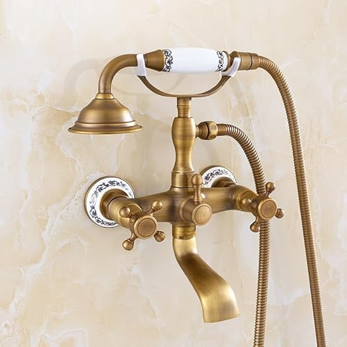 Wall Mounted Bath Mixer Taps with Shower Head Double Lever Bath Shower Mixer Kit Tap Cold and Hot Bath Shower Tap, Antique B