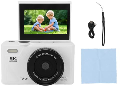 5K Digitalkamera für Fotografie Autofokus, 75 MP Vlogging-Kamera mit 3 Zoll 180 ° Flip-Bildschirm, 18x Anti-Shake 5K Kompaktkamera (White)