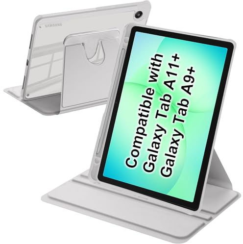 A-BEAUTY Funda para Samsung Galaxy Tab A11 Plus + /A9 Plus + 11 Plata | con S Pen Soporte, Soporte Giratorio de 360° Cubierta Trasera Transparente, Auto-Sueño/Estela