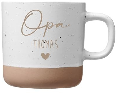 Personalisierte Opa Tasse mit Name Keramiktasse 360 ml Weiß Beige mit Herz Gravur Bester Opa der Welt Tasse Geschenk für Opa & Großvater zum Geburtstag, Weihnachten oder Vatertag –Kaffee & Tee Becher
