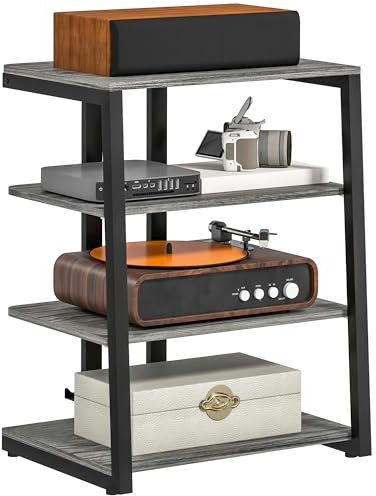 HOMCOM HiFi Stand, 4-Tier Media Storage Shelf with Adjustable Shelves, Power Strip Rack for Router, Record Player, Printer, Industrial TV Stand for up to 28 Inch TVs, Dark Grey