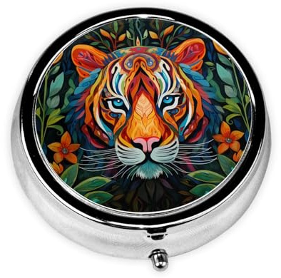 JKDGOJ The Mighty Tiger Pattern Runde Mini Pillendose mit 3 Fächern für Pillenaufbewahrung und tragbare Reise