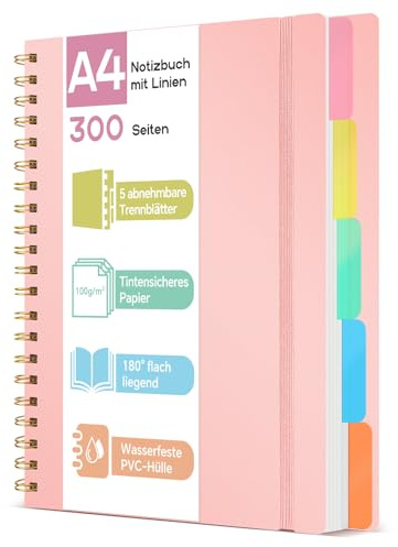 ihaspoko A4 Notizbuch mit Register, 300 Seiten, 100 g/m² Papier | Großformatiges Notizbuch mit 5 Trennblättern, 56 Etiketten und flacher 180°-Öffnung für Studium und Projekte