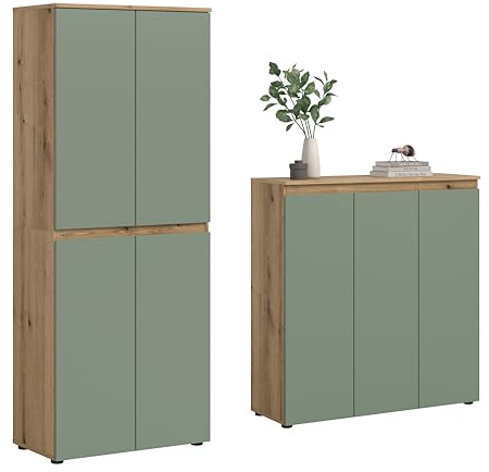 xonox.home - Universalschrank Scarpa 2tlg.Set in Front Smoke Green Korpus Evoke Oak - Mehrzweckschrank Schrank Hochschrank Haushaltsschrank - platzsparend und praktisch