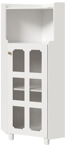 Armoire d’angle laquée avec éclairage LED piloté par application, meuble rangement triangulaire optimisation espace, étagère ouverte+vitrine translucide,salon chambre cuisine salle d’eau (Blanc)