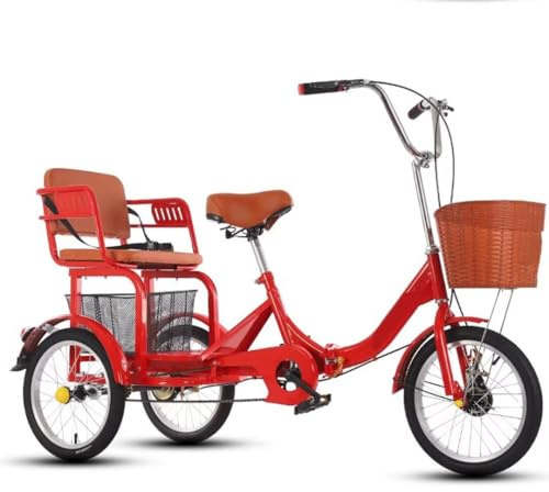 NDLHXKFRP Faltbare 3-Rad-Fahrräder, Dreirad for Erwachsene, ältere Menschen, hinterer Korb, Doppelscheibenbremsen, zusammenklappbar, Tandem, Schwarz, Rot, 16 Zoll(Red)