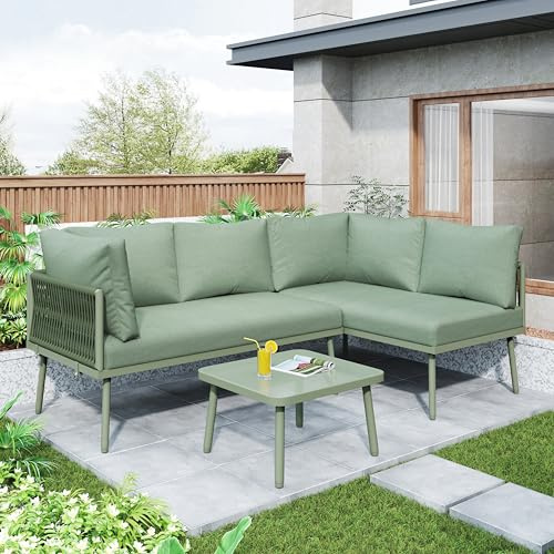 Xwiny Gartenmöbel-Set, Lounge Möbel Outdoor aus Seil, 3-teiliges, 2 Sofas und 1 Tisch, Verstellbaren Füßen, Alle Kissen Inklusive (Grün)