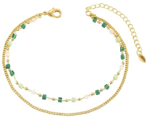 Karma NH10367159 Fußkettchen Gold bunt, Grün, Blau oder Silber Grün modern filigrane Fusskette vergoldet Fußschmuck Urlaub Strand Abendmode Accessoires Perlenfußkette