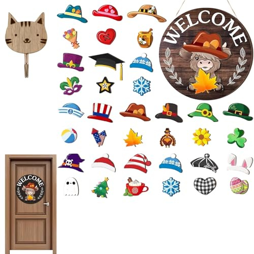 2026 Neu Willkommensschild HaustüR, Highland Cow-Schild Austauschbares Willkommensschild mit Magneten Abnehmbare Hüte Niedliche Rinder zum Aufhängen, Detailreicher PräGung, FüR Glas- & HolztüRen(C)
