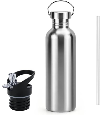 QGGTQG Botella Agua Acero Inoxidable 1L Sin BPA con 2 Tapas Intercambiables | No Aislada Botella de Agua de Pared Simple, Botella Deportiva con Asa, a Prueba De Fugas, para Fitness, Exterior, Oficina