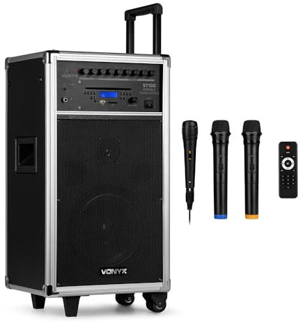 Vonyx ST100 Portable PA System, Battery Powered Speaker with CD Player, Bluetooth & Wireless Mics for Events, Presentations, Parties, Outdoor Gatherings and Public Speaking