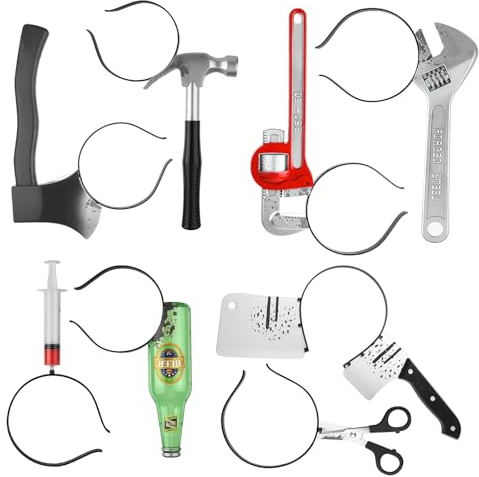 TUPARKA 8 piezas Bandas para el cabello de terror de Halloween Bandas para la cabeza del zombi Cuchilla Hacha Tijera Martillo Diademas para la fiesta de Halloween Disfraces de Halloween, 8 estilos