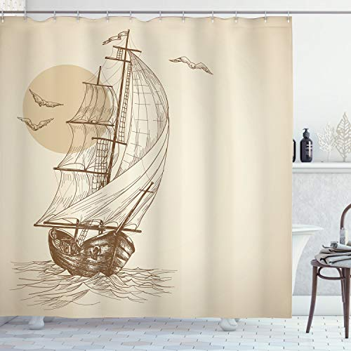ABAKUHAUS Nautique Rideau de Douche, Voilier Oiseaux Soleil, Tissu Ensemble de Décor de Salle de Bain avec Crochets, 175 cm x 180 cm, Bronzé Marron
