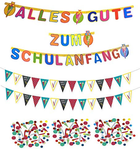 Deko Set Schulanfang Partykette Wimpelkette Konfetti für Schuleinführung Fest Dekoration ABC Zuckertüte Kinder Party Schüler Dekokette Schüler 1. Klasse, bunt