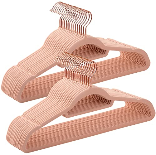 SONGMICS Velvet Hangers, Set of 30 Coat Hangers for Clothes, Non-Slip, with Tie Bar and Rose Gold Hook, Space-Saving, 0.6 cm Thick, 43.5 cm Long, for Dresses Trousers, Light Pink CRF21PK30