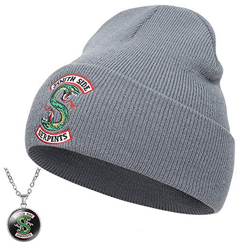 CIVFCRT Jughead Jones Mütze für Erwachsene, Riverdale Beanie, gestrickt, Stickerei, Mütze und dekorative Schlangenkette, Cosplay-Grau