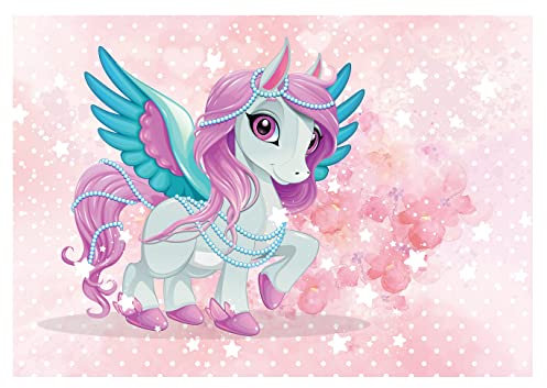 WallArena - Vlies Fototapete Kinderzimmer 152x104 cm Einhorn Mädchen Märchen für Kinder - Fototapeten Tapeten für Kinder Kindertapete Kinderzimmertapete - Vliestapete Wandtapete Tapete 3D Effekt