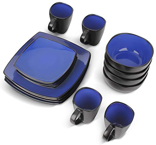 MIAMIO - Geschirrset 16 teilig Tafelservice (4 Schüsseln, 4 Kaffeetassen, 4 Große Teller, 4 Kleine Teller) - Marsili Kollektion (Blau)