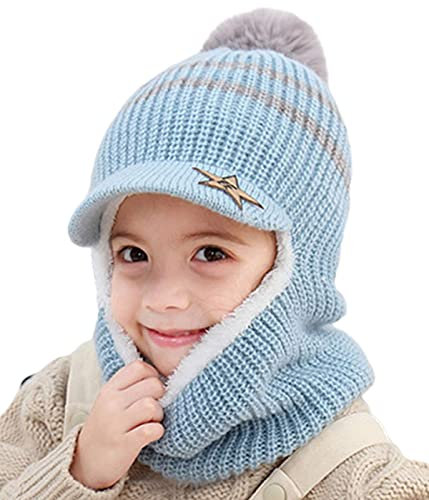JFAN Cappello del Bambino Beanie Berretto Invernale a Maglia Bambini con Visiera Ragazzo e Ragazza Crochet Sciarpa Carino Warm cap Lana Multicolore Scialle Blu