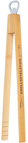 Grillzange mit Flaschenöffner 33cm | Zange aus Holz mit Kapselheber | Kombizange Geschenk Grillzubehör Wurstzange (Grillspielzeug)