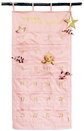 Papierdrachen Adventskalender 2024 als Wandkalender aus Stoff zum Befüllen - rosa & gold - hochwertig bestickt - Stoffbeutel - Geschenksäckchen - wiederverwendbar - Set Nr 33