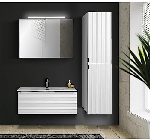 Lomadox Badmöbel Set weiß 90 cm Waschtisch inkl. Keramik Waschbecken mit Hochschrank und LED- Spiegelschrank, B/H/T: ca. 140/200/46 cm