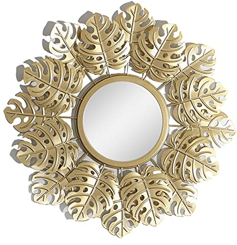 FIYSON Hängender Wandspiegel,Spiegel aus Eisen in Gold Rund Dekorativer Wandspiegel,40 cm Gold Leaf Hängender Spiegel,Boho chic ethnisch, nordisch,für Bad oder Eingangshalle