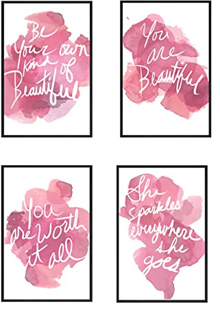 Set of 4 Inspirational Wall Art Pink Canvas Posters Framed Positive Quote for Girls Bedroom Living Room Home Decor