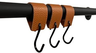 Kleiderhaken mit Lederschlaufe - Cognac - 3 Stück - S Haken – 12,5 cm x 3 cm - Garderobe - Jacken - Hosen - Kleiderstange - Leder – Lederband - Garderobenhaken – Fleischerhaken - Multifunktionshaken