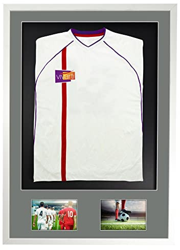 Vivarti DIY Junior 3D Mounted + Double Aperture Sports Shirt Display Frame for Football Shirt, Rugby Shirt, Band T-Shirt Shadow Box -59.4 x 84cm - Gloss White Frame, Silver Mount, Black Backing Card