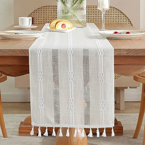 AUAUY Tischläufer Boho, Makramee Tischläufer Landhausstil Table Runner mit Quasten, Tischläufer für Deko Boho, Hochzeit, Brautdusche, Esstisch Dekor, Partys, Dessert-Tischdekoration (Beige 33x180cm)