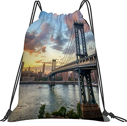 DELURA Rucksack mit Kordelzug,New York City Waterfront Sunset Cityscape Blick auf den NY Metropolis M River,Kordelzug-Sackpack für Sport, Yoga, Reisen, Cinch-Tasche mit Reißverschlusstasche