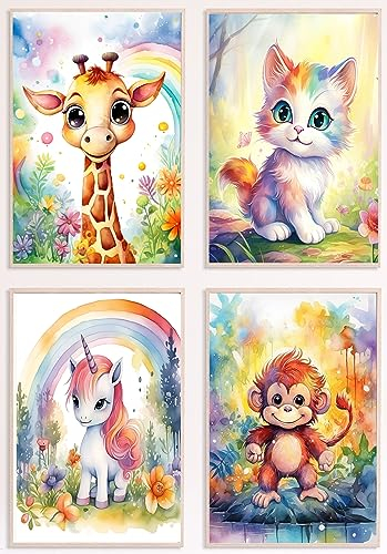 Dreamy Doodles® | Süße Tierwelt | 4er Poster Set | DIN A4 ohne Rahmen | Bilder Kinderzimmer | Premium Wandbild | Deko | Einhorn Giraffe Affe Katze | Babyzimmer Deko | Kindermotive Kinderbilder