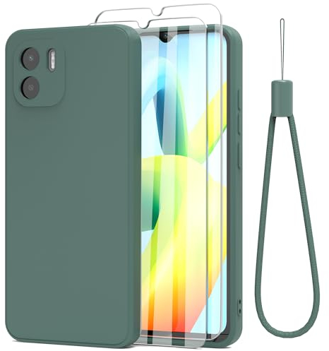 THIYUFUNS Funda con Xiaomi Redmi A1 / A2 4G (6.52) con 2 Protector Pantalla Cristal Templado,Carcasa de TPU Silicona Bumper Líquida Ultradelgado Cover - Verde Oscuro