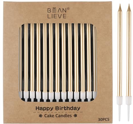 BEAN LIEVE 30 Stück Lange Dünne Metallic Geburtstagskerzen Kuchen Kerzen Geburtstag Party Hochzeit Dekorationen Party Kerzen Kuchen Dekorationen (Champagner Gold)