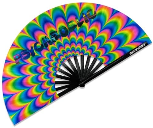Ravevibes 13 Large Rave Fan Folding Hand Fan, Bamboo Festival Clack Fan Foldable UV Glow Edm Fans For Rave Outfits Accessories Performance Dance Party For Men Women, Peacock