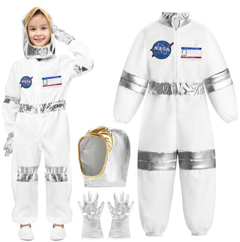 Astronaut Kostüm Jumpsuit für Kinder: Space Jumpsuit für Kinder Astronaut NASA Kostüm für Jungen Mädchen mit Helm und Handschuhe Pretend Role Play Karneval Halloween Dress up (Weiß, 130)