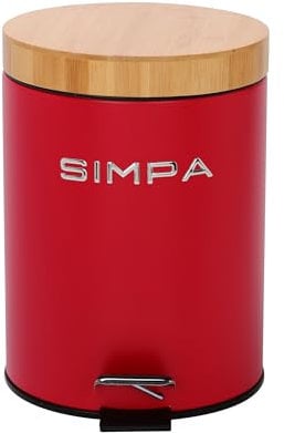 simpa 5L 5 Litre Matt Red Slim Soft-Closing Pedal Dustbin with Bamboo Lid