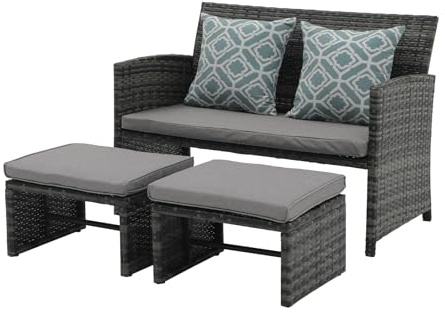 OC Orange-Casual Outdoor Loveseat, 3-TLG Terrassenmöbel-Set, Allwetter Rattan Gartenbank mit 2 Hocker, Grau Rattan&Grau Kissen