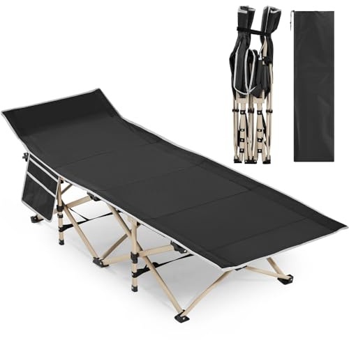 Yaheetech Lit de Camp Pliable 186x66x52 cm 1 Personne avec Pochettes Lit de Camping avec Sac de Transport Armature en Métal pour Extérieur Voyage Pêche Randonnée 150 kg de Charge Noir