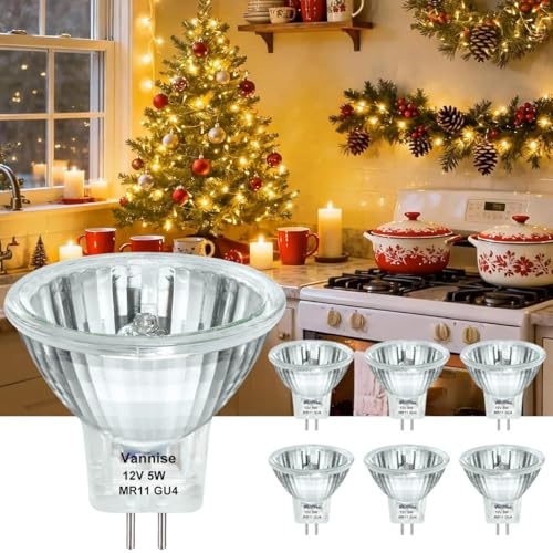 Vannise MR11 GU4 Base Halogen Bulb 12V 5W, FTD Spotlight Bulbs with Glass Cover, Fiber Optic Light Bulb Dimmable 2800K Warm White for Landscape, Christmas Tree Bulb, Track Lighting