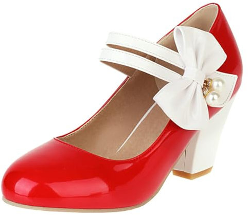 Etebella Damen Mary Jane High Heels Lack Pumps mit Blockabsatz und Schleife Rockabilly Vintage Schuhe(Rot,40)