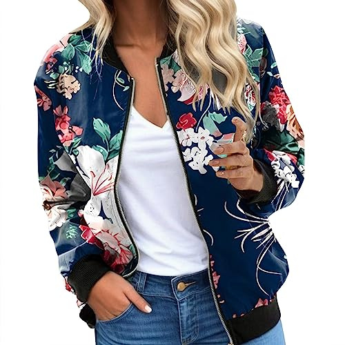 EQWIGKEIT Bomberjacke Damen Lässig Bikerjacke Leicht Pilotenjacke Vintage Freizeitjacke Kurz Übergangsjacke Oversized Sweatjacke Farbverlauf Damenjacke Langarm Fliegerjacke Motorradjacke