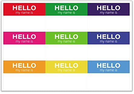 Aufkleber mit Aufschrift Hello Name is, personalisierbar, zum Markieren von Kleidungsstücken, selbstklebend, 18 verschiedene Farben, für Pflegespielzeug, 45 x 9 Etiketten pro Bogen