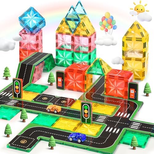 Lovchil 72PCS Magnetic Tiles Road Toppers Set for Kids Age 3+, Magnetic Building Blocks with Cars Toys for Toddlers