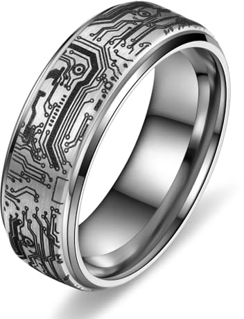 Adreamz Bague en tungstène 8 mm avec motif de circuit informatique - En carbure de tungstène - Bords biseautés - Alliance confortable pour homme - Taille 7-14, Carbure de tungstène, Aucune pierre