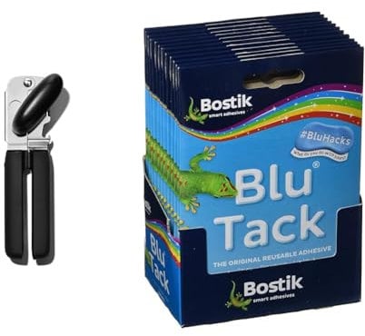 OXO Good Grips Soft Handled Tin Opener & Bostik 24552 Blu-tack Mastic Adhesive Non-toxic Handy Pack Ref 801103 [Pack of 12], Blue